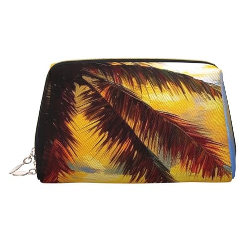 Schöne Make-up-Tasche aus Leder, Motiv: Sonnenuntergang, große Kapazität, Reise-Aufbewahrungstasche, Mehrzweck-Toilettenartikel und Make-up-Tasche, Sonnenuntergang Palme, Einheitsgröße, Schulranzen von MMSJSBVY