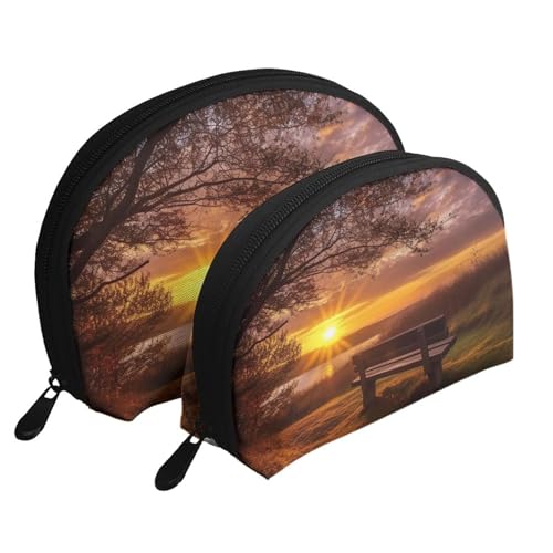 Tragbares Make-up-Taschen-Set mit Reißverschluss für Kosmetik, Motiv: Berg, Sonnenuntergang, Landschaft, 2 Stück, Lonely Bench Sunset, Einheitsgröße von MMSJSBVY