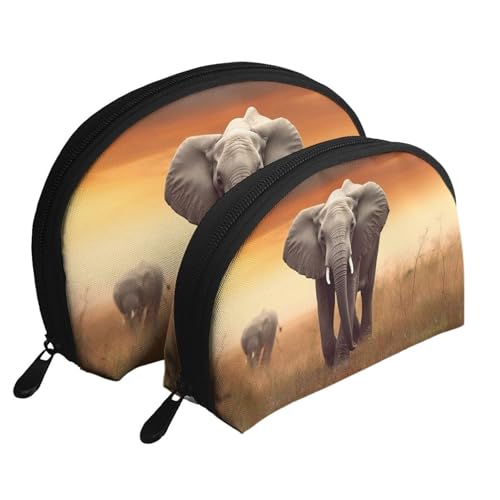 Tragbares Make-up-Taschen-Set mit Reißverschluss für Kosmetik, Motiv: Berg, Sonnenuntergang, Landschaft, 2 Stück, Niedlicher wilder Elefant, Einheitsgröße von MMSJSBVY