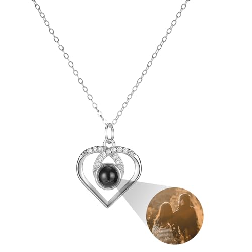 MMXX Personalisierte Projektion Halskette mit Bild im Inneren für Frauen 925er Sterling Silber Foto Halskette Bild Versteckte Gedenkkette Ich Liebe Dich 100 Sprachen (C1: Silber) von MMXX