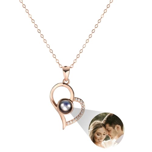 MMXX Personalisierte Projektion Halskette mit Bild im Inneren für Frauen 925er Sterling Silber Foto Halskette Bild Versteckte Gedenkkette Ich Liebe Dich 100 Sprachen (D3: Roségold) von MMXX