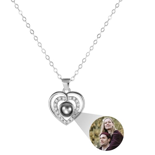MMXX Personalisierte Projektion Halskette mit Bild im Inneren für Frauen 925er Sterling Silber Foto Halskette Bild Versteckte Gedenkkette Ich Liebe Dich 100 Sprachen (F1: Silber) von MMXX