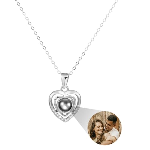 MMXX Personalisierte Projektion Halskette mit Bild im Inneren für Frauen 925er Sterling Silber Foto Halskette Bild Versteckte Gedenkkette Ich Liebe Dich 100 Sprachen (G1: Silber) von MMXX