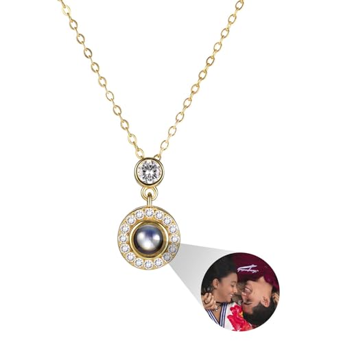 MMXX Personalisierte Projektion Halskette mit Bild im Inneren für Frauen 925er Sterling Silber Foto Halskette Bild Versteckte Gedenkkette Ich Liebe Dich 100 Sprachen (H2: Gold) von MMXX