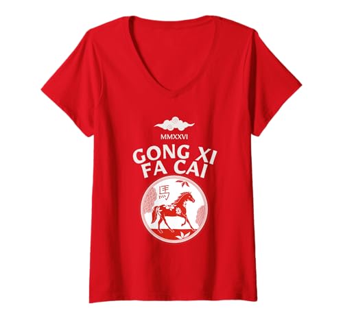 Damen Chinesisches Neujahr 2026 Horse Gong Xi FA CAI T-Shirt mit V-Ausschnitt Damen Chinesisches Neujahr 2026 Horse Gong Xi FA CAI T-Shirt mit V-Ausschnitt von MMXXVI Lunar Celebration Festival Designs Co