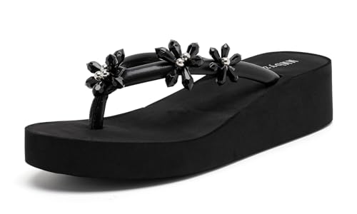 MMbyzhuo Damen-Sandalen mit Keilabsatz, Plateau-Flip-Flops, Keilabsatz, flache Sommer-Sandalen für Damen, Schwarz, 39.5 EU von MMbyzhuo