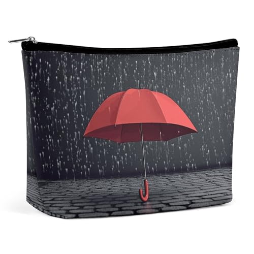 MNBVKL Kosmetiktasche, roter Regenschirm im Regen, bedruckt, Kosmetiktasche, niedliche Kosmetiktasche, Hand-Kosmetiktasche, roter Regenschirm im Regen, Einheitsgröße, Roter Regenschirm bei Regen, von MNBVKL