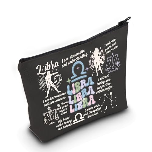 MNIGIU Sternzeichen Kosmetiktasche 12 Horoskop Astrologie Geschenk 12 Sternbilder Geschenk Astrologie Liebhaber Geschenk, LIBRA Schwarze Tasche, Small von MNIGIU