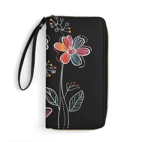 Geldbörse Doodle Style Blumen gedruckt Leder Geldbörsen Kartenhalter mit Handschlaufe geeignet für Männer und Frauen Doodle Style Blumen 19,8 x 10,4 x 2,5 cm Modern, Blumen im Kritzelei-Stil, 7.8 x von MNKTC