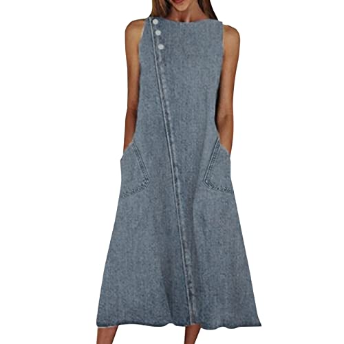 Jeanskleid Damen Sommer Midi Kleider GroßE GrößEn Ärmellos Jeanskleider Rundkragen Jeans-Kleid mit Tasche Sommerkleid Einfarbige A-Line Swing Kleid Locker Casual Denim Dress von MNRIUOCII