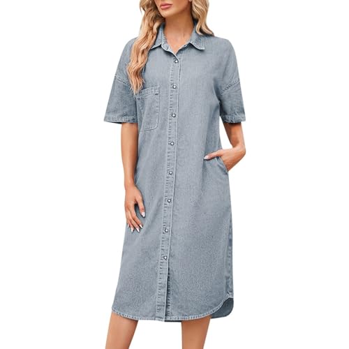 Jeanskleid Lang Damen Kurzarm Jeans A-Linie Kleider Einfarbig Reverskragen Jeanskleider Knielang Kleid Denimkleid Hemd Blusenkleid Casual Locker Denimkleid Freizeitkleid von MNRIUOCII