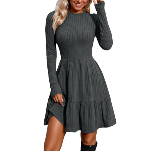 Kleider Damen Langarm Rundhals Pulloverkleid Elegant Knielang Strickkleid Casual Gestrickt Kleid Bequem A Linien Winterkleid Casual Strickpulloverkleid Mittellanges Freizeitkleid von MNRIUOCII