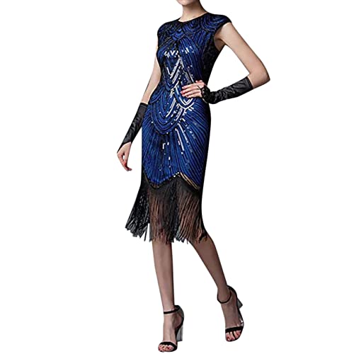 MNRIUOCII 1920s Kleid Damen Sexy V Ausschnitt Flapper Charleston Kleid 20er Jahre Retro Stil Great Gatsby Motto Party Damen Fasching Kostüm Kleid (Y1-Blue, M) von MNRIUOCII