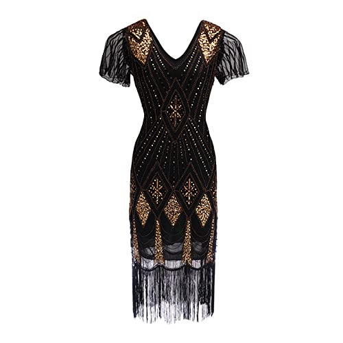 MNRIUOCII 1920s Kleid Damen Sexy V Ausschnitt Flapper Charleston Kleid 20er Jahre Retro Stil Great Gatsby Motto Party Damen Fasching Kostüm Kleid (Z1-Black, M) von MNRIUOCII