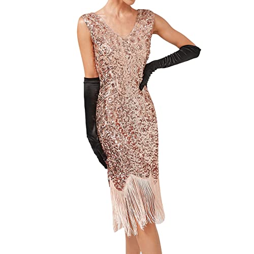 MNRIUOCII 1920s Kleid Damen Sexy V Ausschnitt Flapper Charleston Kleid 20er Jahre Retro Stil Great Gatsby Motto Party Damen Fasching Kostüm Kleid von MNRIUOCII