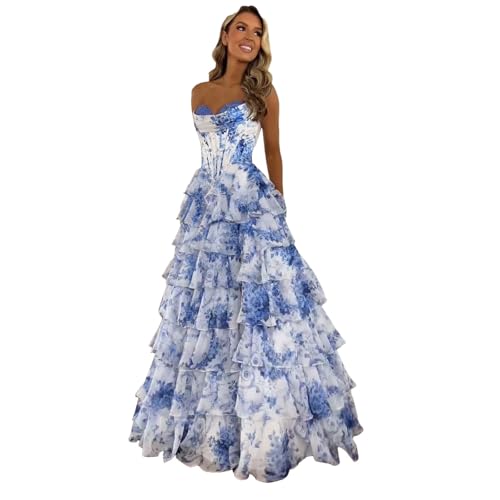 MNRIUOCII Abschlussballkleid Damen Ballkleid Aus TüLl mit Blumenmuster Langem Korsett Gestuftes Abendkleid TräGerloses Abendkleid mit Herzausschnitt Abschluss Kleid Hochzeitskleider für Damen Gast von MNRIUOCII