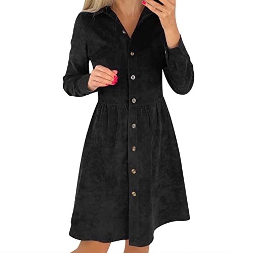 MNRIUOCII Damen Hemdblusenkleid Corduroy Button Dress Sommerkleid Herbst Und Winter Langarm Hemd Cordkleid Basic Casual Blusenkleid Hohe Taille A-Line Festkleider von MNRIUOCII