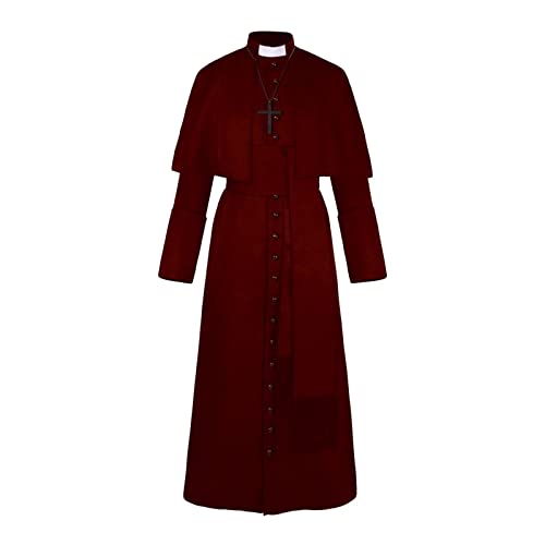 MNRIUOCII Einfarbiges Pastor-Kostüm für Herren, Halloween-Priester, mittelalterliches Retro-Cosplay-Kostüm Baseball Jacken Herren Schwarz (Wine, L) von MNRIUOCII