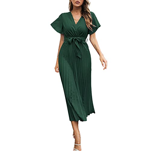 MNRIUOCII Elegante Sommerkleider Damen Damen-Sommer-Plissee-Maxikleid Mit V-Ausschnitt, RüSchen, FlüGeläRmeln, Langem, FließEndem Chiffonkleid Mit GüRtel von MNRIUOCII