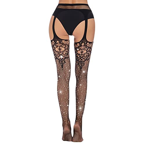 MNRIUOCII Glitzer Strumpfhose Damen Sexy Strapsstrümpfe Diamanten Strapse Mit Strümpfe Und Halter Strümpfe Funkelnde Strumpfhosen Fishnet Stockings Hohe Taille Frauen Geöffneter Strumpfhose von MNRIUOCII