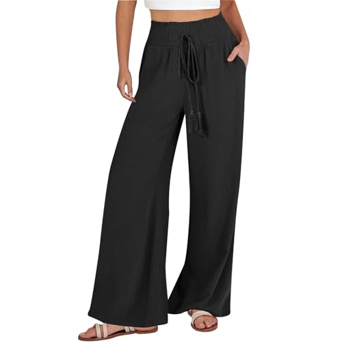 MNRIUOCII Hose Sommer Damen Leicht Lang Damen Hose mit weitem Bein Elegant Elastischer Bund Sommerhose mit Taschen Freizeithose Boho Strandhose Leinen Bequeme Stoffhose von MNRIUOCII