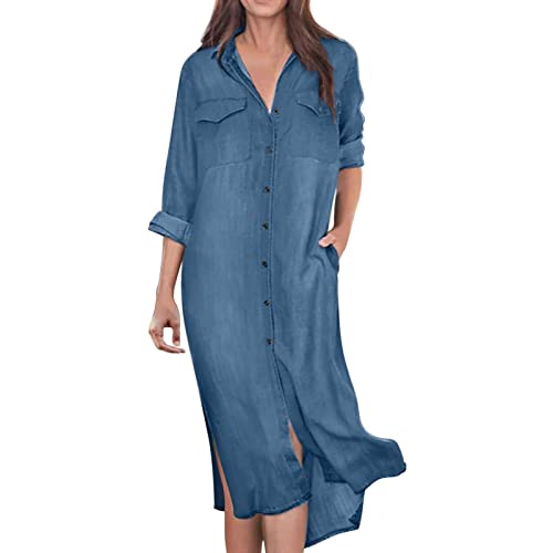 MNRIUOCII Jeanskleid Lang Damen Langarm V-Ausschnitt Denimkleid mit Taschen Jeans Kleid Langes Einfarbig Freizeitkleid Lockeres Maxikleid Leicht Tunikakleid Elegant Sommerkleid von MNRIUOCII