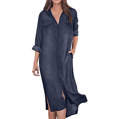 MNRIUOCII Jeanskleid Lang Damen Langarm V-Ausschnitt Denimkleid mit Taschen Jeans Kleid Langes Einfarbig Freizeitkleid Lockeres Maxikleid Leicht Tunikakleid Elegant Sommerkleid MNRIUOCII Jeanskleid Lang Damen Langarm V-Ausschnitt Denimkleid mit Taschen Jeans Kleid Langes Einfarbig Freizeitkleid Lockeres Maxikleid Leicht Tunikakleid Elegant Sommerkleid von MNRIUOCII