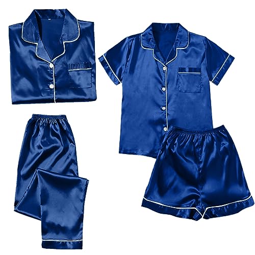 MNRIUOCII Pyjama 4-Teiliges Schlafanzüge Nachthemd Set Für Damen Satin Nachtwäsche Nachthemd Damen Schlafshirt Schlafanzug Satin-Pyjama Sexy Seide Pyjama Pyjama Set Pyjama-Sets (V1-Dark Blue, XL) von MNRIUOCII