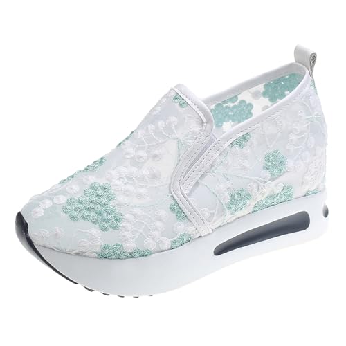 MNRIUOCII Sneakers Damen Mesh Stickerei Blume Freizeitschuhe Bequem Atmungsaktiv Keilabsatz Walkingschuhe Loafers Frühling Spitze Flache Schlupfschuhe Slip On Hohl Schuhe von MNRIUOCII