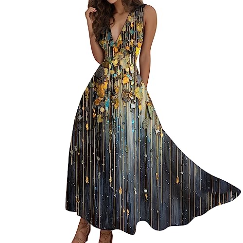 MNRIUOCII Sommerkleider Damen Elegant Ärmellos Kleider Sexy V-Ausschnitt Tunikakleid Blumendruck Freizeitkleider Lang Party Prom Maxi Dress Lässiges Blumen Kleider im-Stil Blumenkleid Knielang von MNRIUOCII