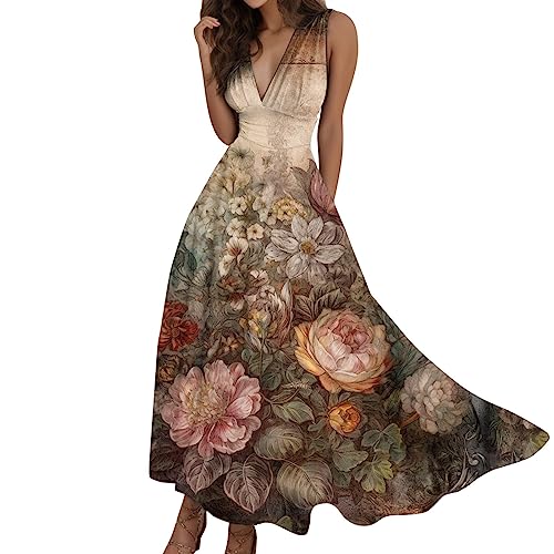 MNRIUOCII Sommerkleider Damen Elegant Ärmellos Kleider Sexy V-Ausschnitt Tunikakleid Blumendruck Freizeitkleider Lang Party Prom Maxi Dress Lässiges Blumen Kleider im-Stil Blumenkleid Knielang von MNRIUOCII