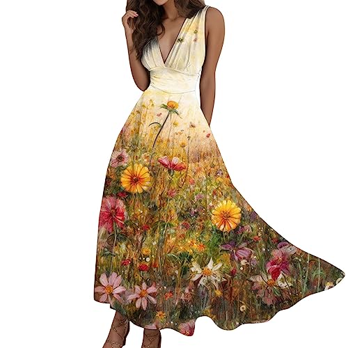 MNRIUOCII Sommerkleider Damen Elegant Ärmellos Kleider Sexy V-Ausschnitt Tunikakleid Blumendruck Freizeitkleider Lang Party Prom Maxi Dress Lässiges Blumen Kleider im-Stil Blumenkleid Knielang von MNRIUOCII