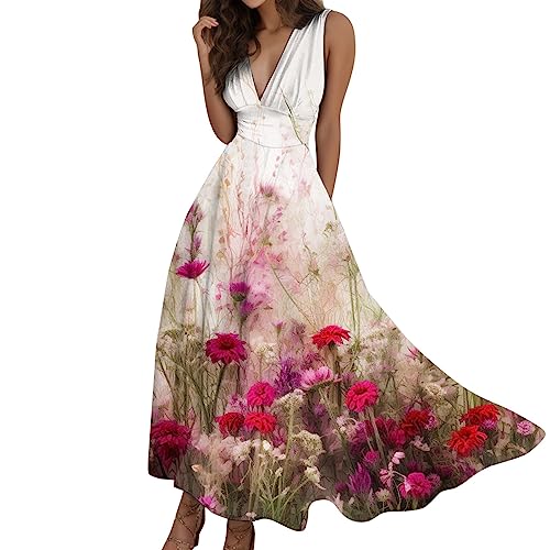 MNRIUOCII Sommerkleider Damen Elegant Ärmellos Kleider Sexy V-Ausschnitt Tunikakleid Blumendruck Freizeitkleider Lang Party Prom Maxi Dress Lässiges Blumen Kleider im-Stil Blumenkleid Knielang von MNRIUOCII