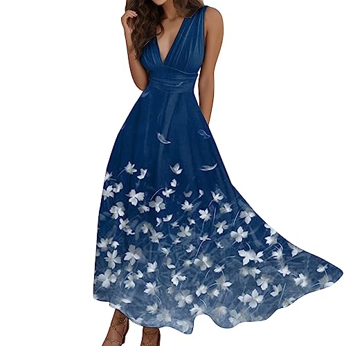 MNRIUOCII Sommerkleider Damen Elegant Ärmellos Kleider Sexy V-Ausschnitt Tunikakleid Blumendruck Freizeitkleider Lang Party Prom Maxi Dress Lässiges Blumen Kleider im-Stil Blumenkleid Knielang von MNRIUOCII