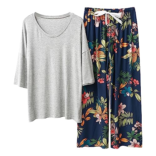 Pyjama Damen Schlafanzug Comfy LäSsiges NachtwäSche Pyjama Set Kurzarm Shirt Mit Lange Hose Hausanzug SchöN Blumen Druck Sleepshirt Und Sommerhose Vintage Freizeitanzug Nachthemd von MNRIUOCII