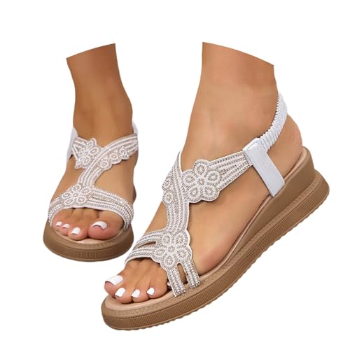 Sandalen Damen Sommer Flache Sandalette Bohemia Sandals mit Strass Perlen Freizeit Strand Schuhe Orthopädische Sommerschuhe Flache Weichen Sohlen Atmungsaktive Peep Toe Sandale Strandsandalen von MNRIUOCII