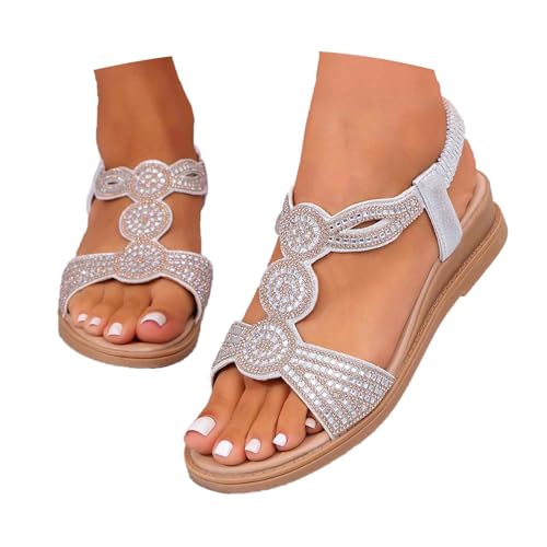 Sandalen Damen Sommer Flache Sandalette Bohemia Sandals mit Strass Perlen Freizeit Strand Schuhe Orthopädische Sommerschuhe Flache Weichen Sohlen Atmungsaktive Peep Toe Sandale Strandsandalen von MNRIUOCII