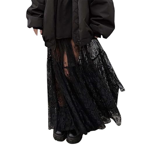 Spitzenrock Damen Transparenter Rock Lang Spitzen Maxirock Festivals Spitzen Rock Langer Partyrock Durchsichtige Röcke Mesh Sheer A-Linie Rock Elegant Strand Party Maxi Röcke von MNRIUOCII