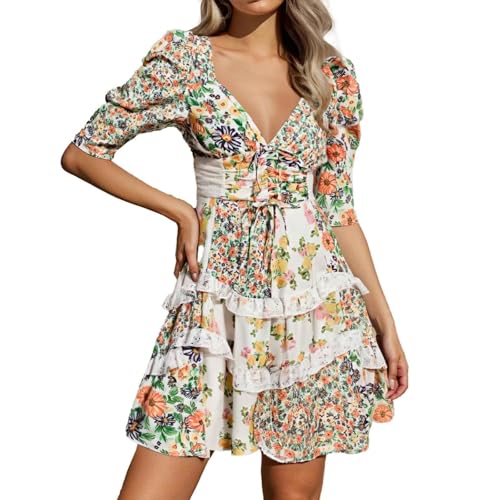 Strandkleid Damen V-Ausschnitt Kurzarm Blumenkleid Puffärmel Gestufte Rüschen Kleid Boho Swing Minikleid Casual Strand Kleider Elegant A-Linie Freizeitkleid Urlaubskleid Sommerkleider von MNRIUOCII