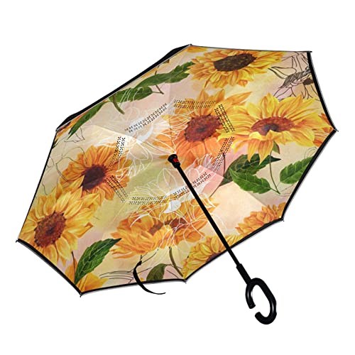 MNSRUU Doppelschichtiger, umgekehrter Regenschirm mit Sonnenblumen-Motiv, winddicht, für Autos, Autos, mit C-förmigem Griff, winddicht, UV-Schutz, Mutli, Large von Mnsruu