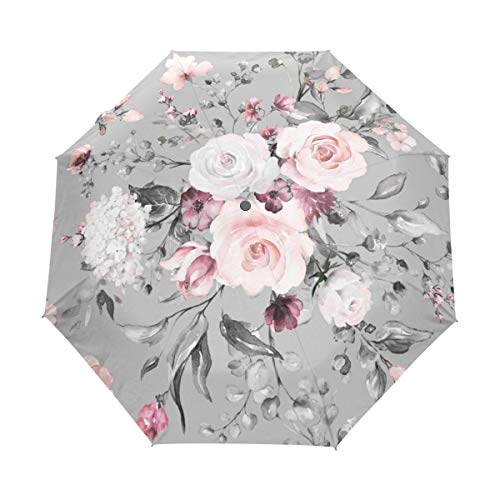 Regenschirm mit Blumen-Rose, faltbar, Winddicht, Regen, automatischer Öffnung, Reise-Regenschirm, UV-Schutz für Damen und Herren von Mnsruu