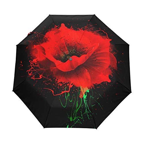 Regenschirm mit roter Mohnblume, faltbar, Winddicht, Regen, automatischer Öffnung, UV-Schutz, für Damen und Herren von Mnsruu