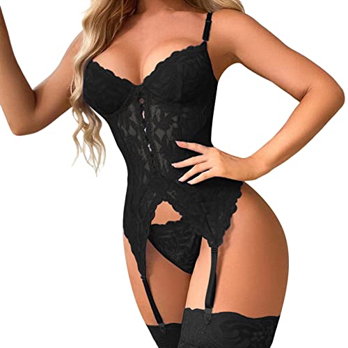 MNSWR Frauen-reizvoller Strumpfband-Teddy-Bodysuit mit Kettenglied mit Bein-Ring-Frauen-Wäsche-Unterwäsche Catsuit Sexy Unterwäsche Dessous Ouvert Sexy Damen Dessous-Sets Dessous Set (21-Black, S) von MNSWR