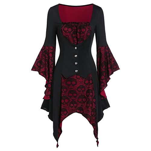 MNSWR Halloween Mittelalterliches Kleid Damen Gothic Renaissance Retro Kleid mit Trompetenärmel Spitzenkleid Mittelalterkleider Steampunk Cosplay Karneval Party Halloween Kostüm Halloween Kostüm Bluti von MNSWR