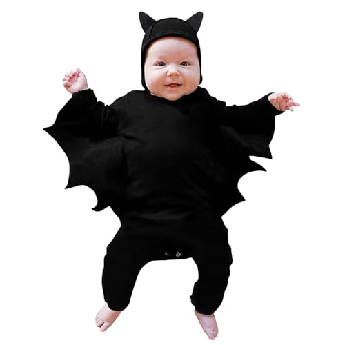 MNSWR Junge 62 Kleidung Baby Fledermaus Kostüm Mein 1. Halloween Outfit Neugeborenes Baby Junge Mädchen Kostüm Schwarz Fledermaus Langarm Strampler Overall mit Mützen Cosplay (Black, 6-12 Months) von MNSWR