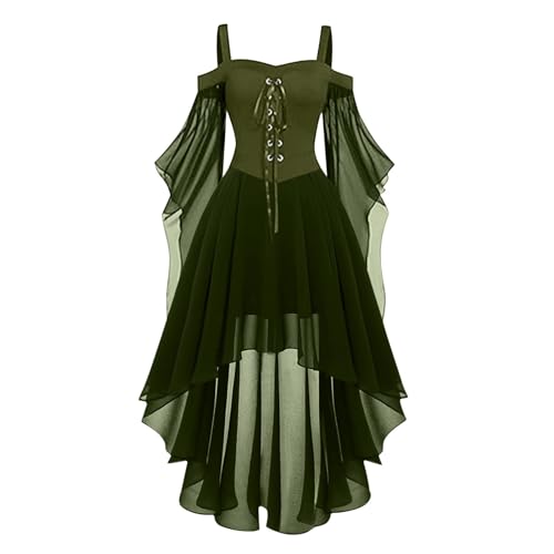 MNSWR Damen Kostüm Pfau, Weihnachtsfrau Kostüm Gothic Kleid Lang Karneval Rock Mittelalter Renaissance Ballkleid Grün Satin Langarm Hohe Taille Schnürung Sommer Party Erwachsene Frauen Kleid von MNSWR