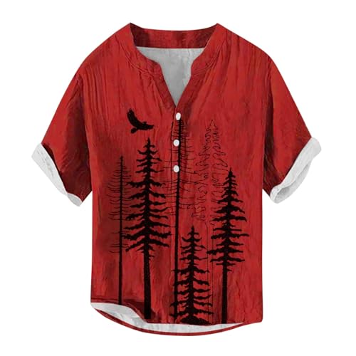 MNSWR Leinenhemd,Hemd Herren Kurzarm Leinen Leinen Men Shiet Sommer Hemd Hemd Ohne Kragen Herren Viskose Shirt Herren Hemd Herren Bügelfrei(Rot,5XL) von MNSWR