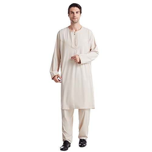 MNSWR Muslimische Kleider Herren Middle East Casual Loose Dressing Gown Arabisch Nahost Robe Set Lange Ärmel Herren Baumwolle Leinen Sommer Cool Saudi Arabische Muslimische Dubai Robe Tra von MNSWR