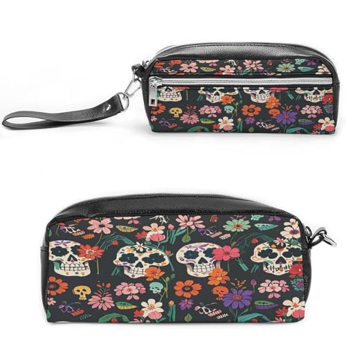 MNVTSKOP Day of the Dead Make-up-Tasche mit floralem Totenkopf-Muster, kleine Kosmetiktasche, Reiseetui, tragbarer Schreibwaren-Organizer für Frauen, Lehrer von MNVTSKOP