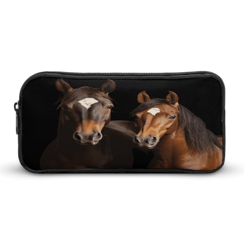 MNVTSKOP Federmäppchen mit zwei Pferden auf schwarzem Hintergrund, großes Fassungsvermögen, Federmäppchen für Männer und Frauen, Schreibtisch-Organizer von MNVTSKOP